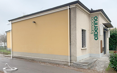 Farmacia ALBERINO, progettazione e realizzazione di pittura murale tematica su muro esterno della nuova sede
